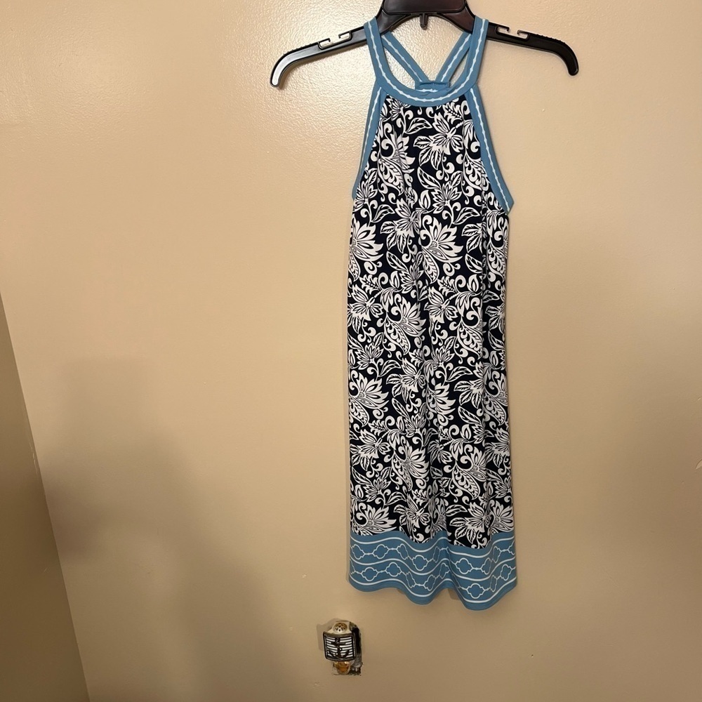 Max Studio Halter Navy/Turquoise Print Dress Sz XS NWOT